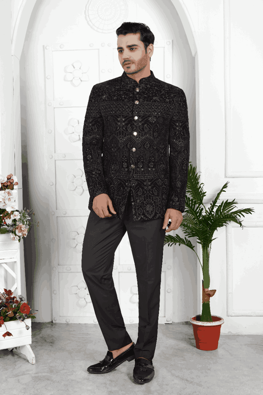 Men's Black Velvet Thread Work Jodhpuri Jacket