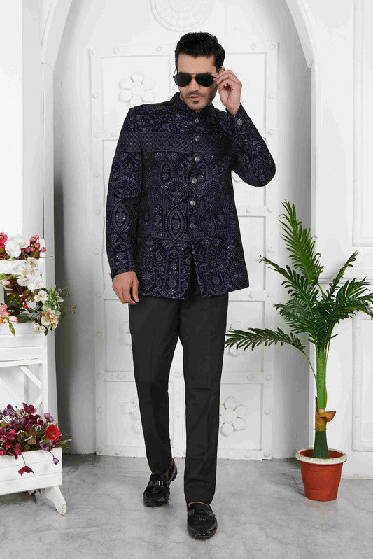 Men's Blue Velvet Thread Work Jodhpuri Jacket