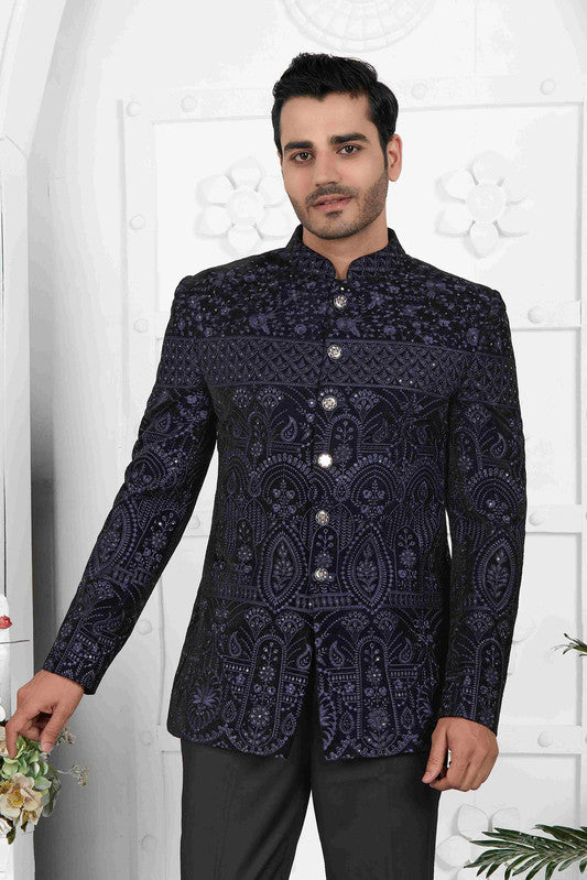 Men's Blue Velvet Thread Work Jodhpuri Jacket