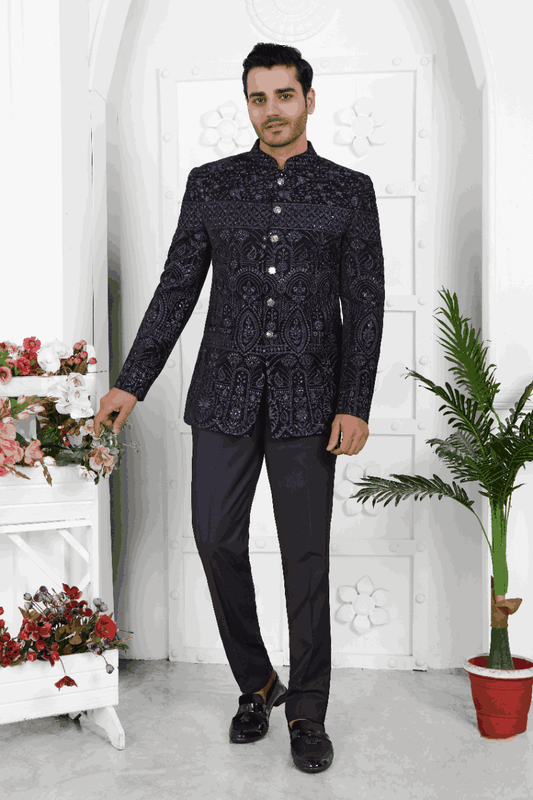 Men's Blue Velvet Thread Work Jodhpuri Jacket