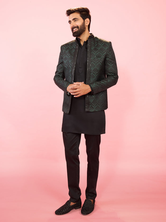 Men's Bottle Green Jodhpuri with Black Satin Kurta & Pant Pyjama Set