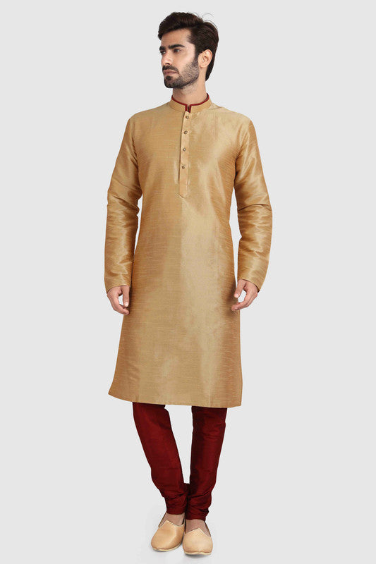 Men's Chikoo Art Silk Solid Kurta Pajama Set