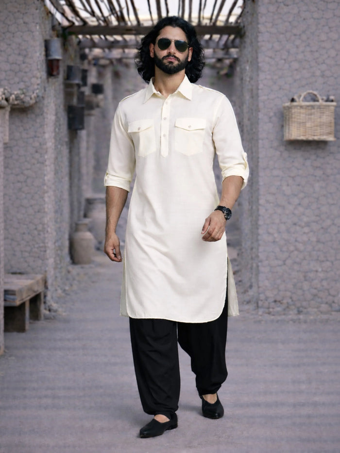 Men's Cream Cotton Blend Pathani Suit Set