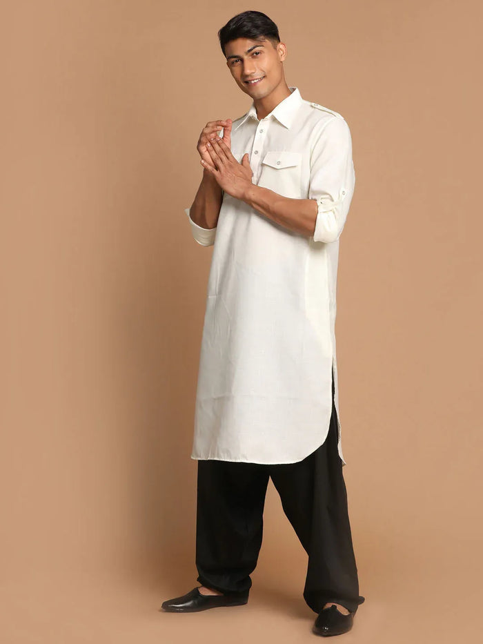 Men's Cream Cotton Blend Pathani Suit Set