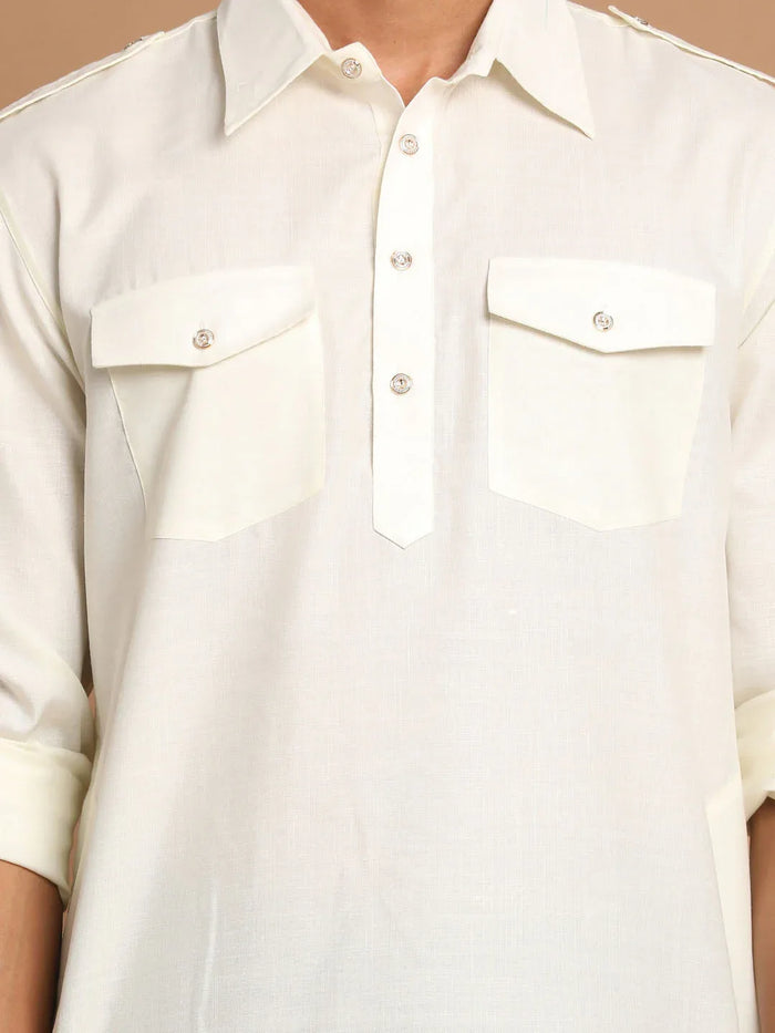 Men's Cream Cotton Blend Pathani Suit Set