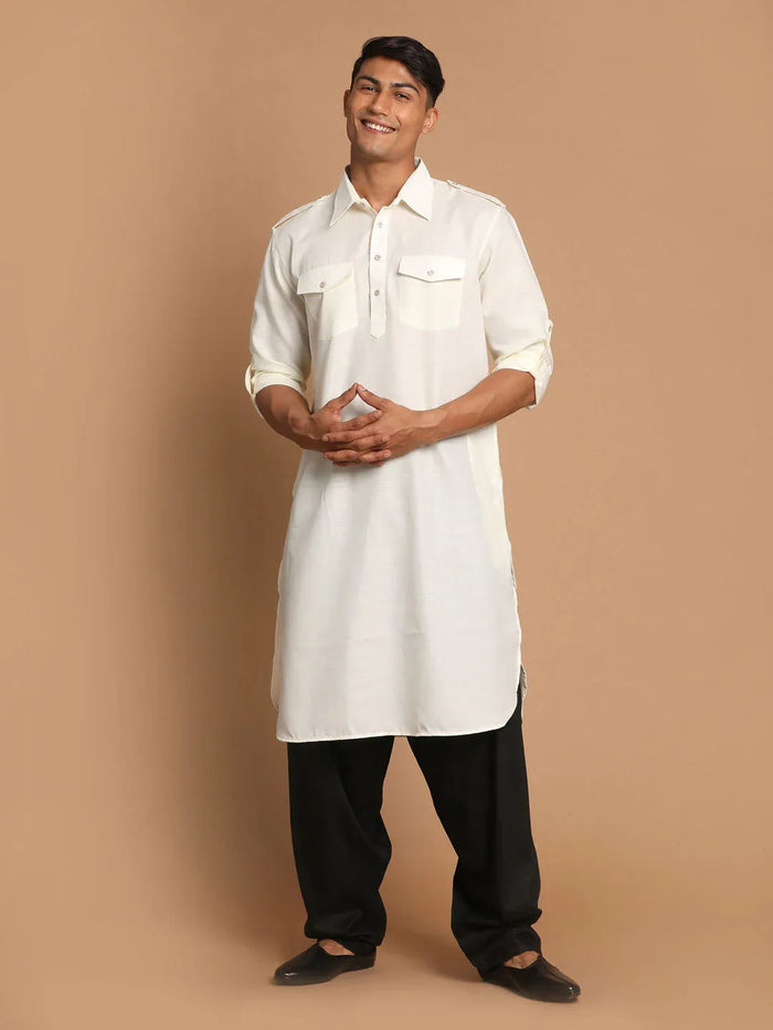 Men's Cream Cotton Blend Pathani Suit Set