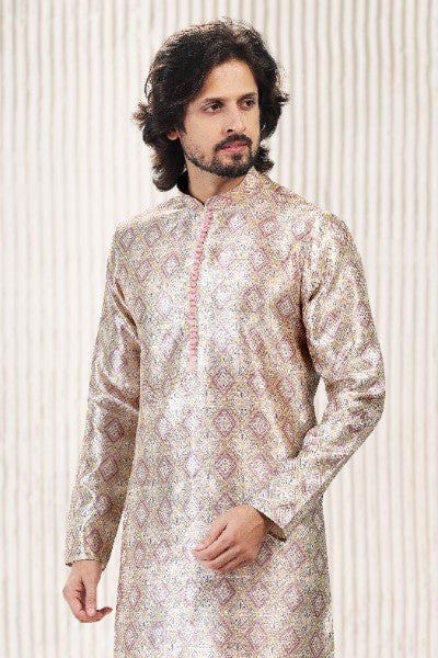 Men's Cream Peach Jacquard Banarasi Silk Digital Print Kurta Pajama Set