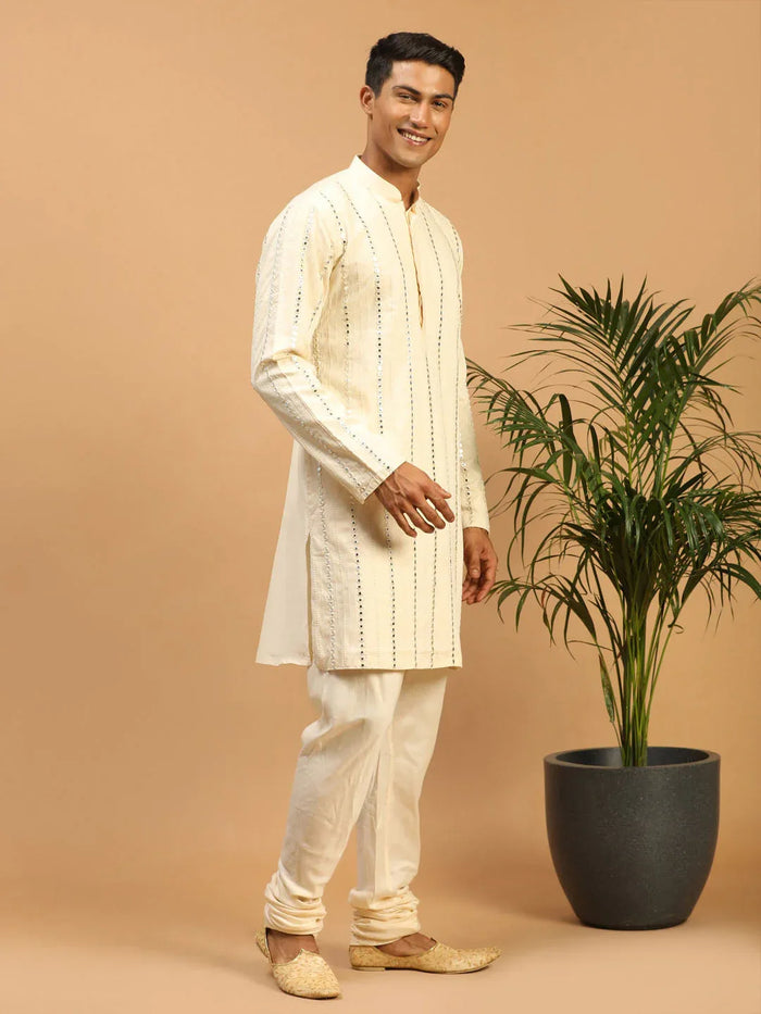 Men's Cream Vertical Mirror Kurta Pyjama Set