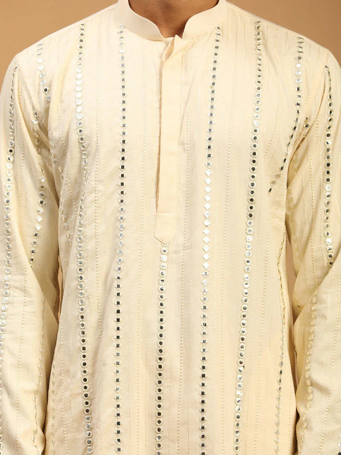 Men's Cream Vertical Mirror Kurta Pyjama Set