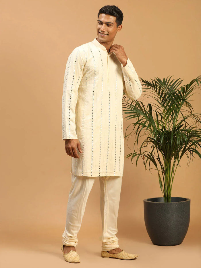 Men's Cream Vertical Mirror Kurta Pyjama Set