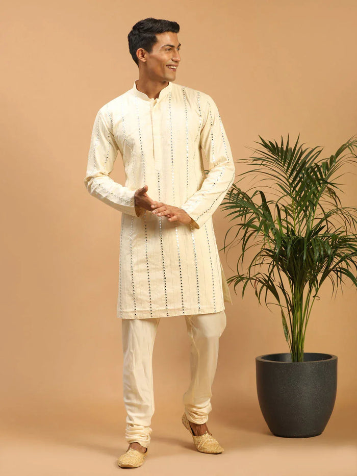 Men's Cream Vertical Mirror Kurta Pyjama Set