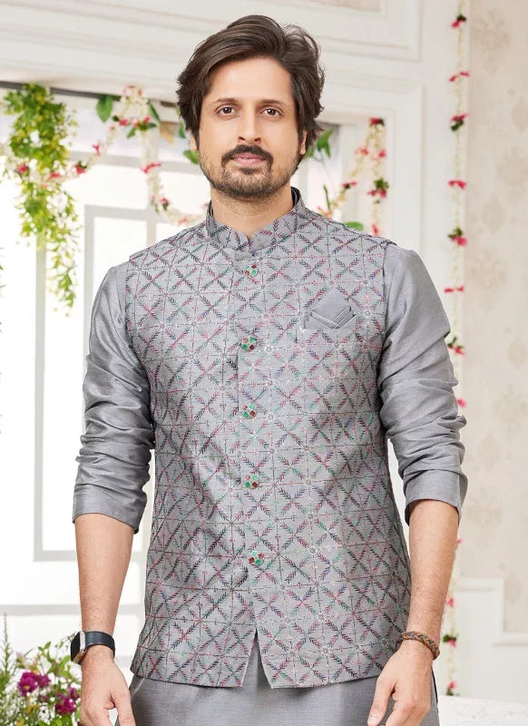 Men's Dark Grey Art Silk Embroidery Work Jacket Set