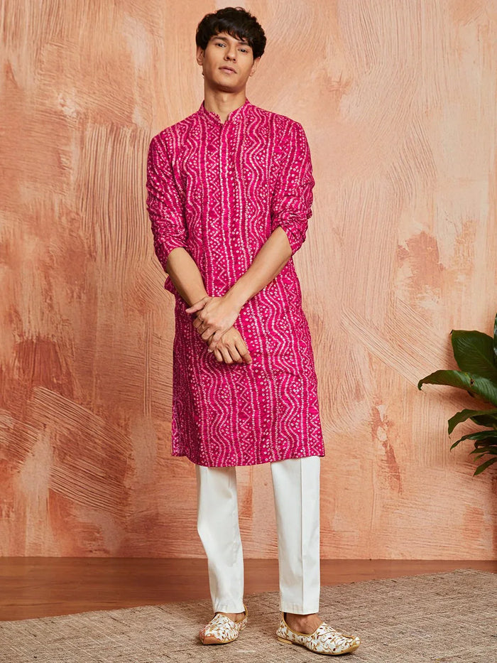 Men's Falsa Foil Bandhani Digital Print Rayon Kurta with Cream Viscose Pyjama