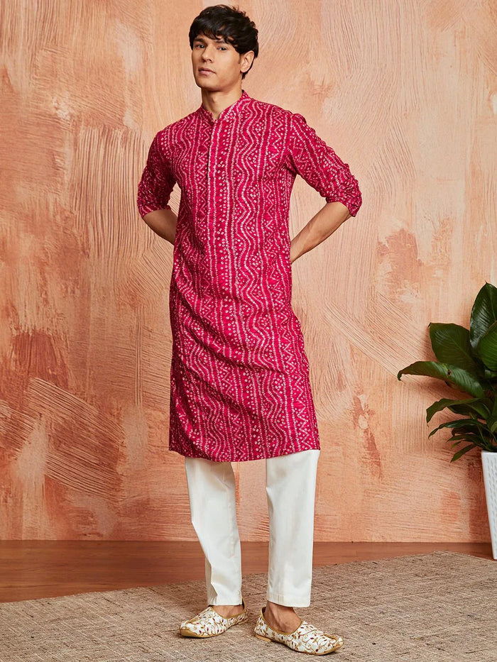 Men's Falsa Foil Bandhani Digital Print Rayon Kurta with Cream Viscose Pyjama