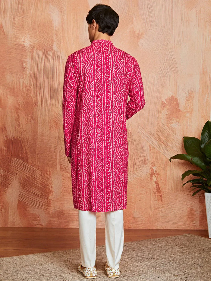 Men's Falsa Foil Bandhani Digital Print Rayon Kurta with Cream Viscose Pyjama