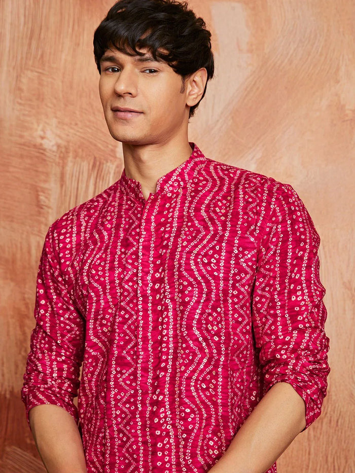 Men's Falsa Foil Bandhani Digital Print Rayon Kurta with Cream Viscose Pyjama