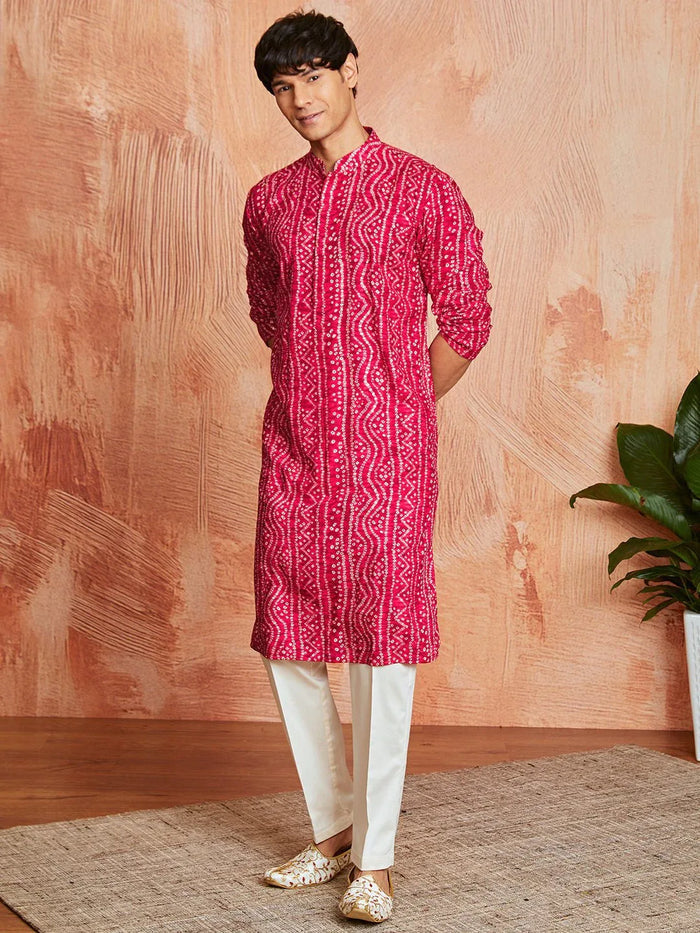 Men's Falsa Foil Bandhani Digital Print Rayon Kurta with Cream Viscose Pyjama