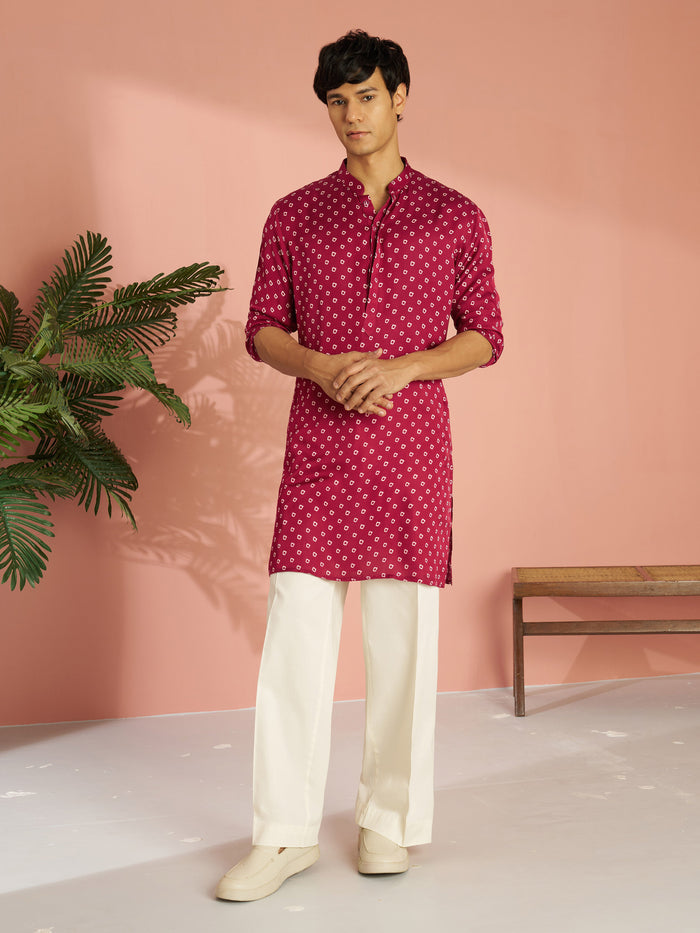 Men's Falsa Silk Blend Bandhani Kurta with Cream Wide Leg Palazzo Set