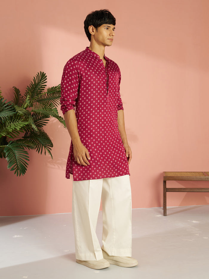 Men's Falsa Silk Blend Bandhani Kurta with Cream Wide Leg Palazzo Set