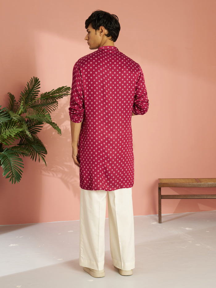 Men's Falsa Silk Blend Bandhani Kurta with Cream Wide Leg Palazzo Set