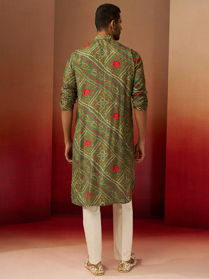 Men's Green Bandhni Kurta Pyjama Set