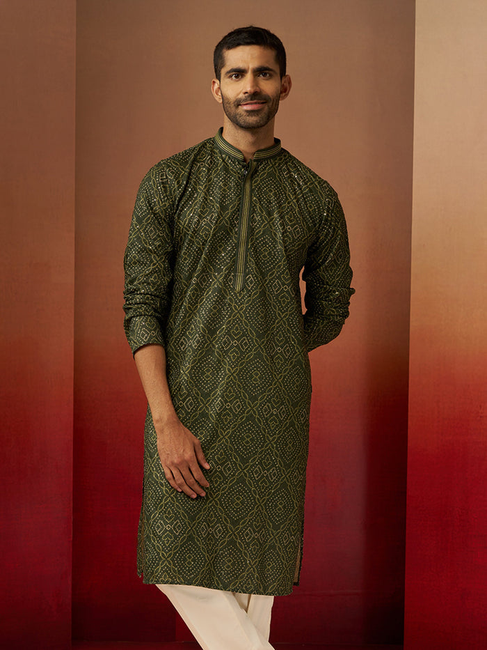 Men's Green Cotton Bandhni Embroidered Kurta
