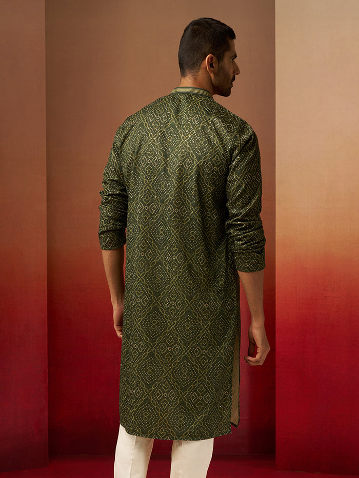 Men's Green Cotton Bandhni Embroidered Kurta