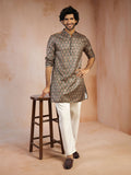 Men's Green Foil Print Silk Blend Straight Kurta with Cream Fine Satin Pyjama Set