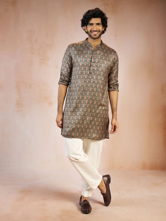 Men's Green Foil Print Silk Blend Straight Kurta with Cream Fine Satin Pyjama Set