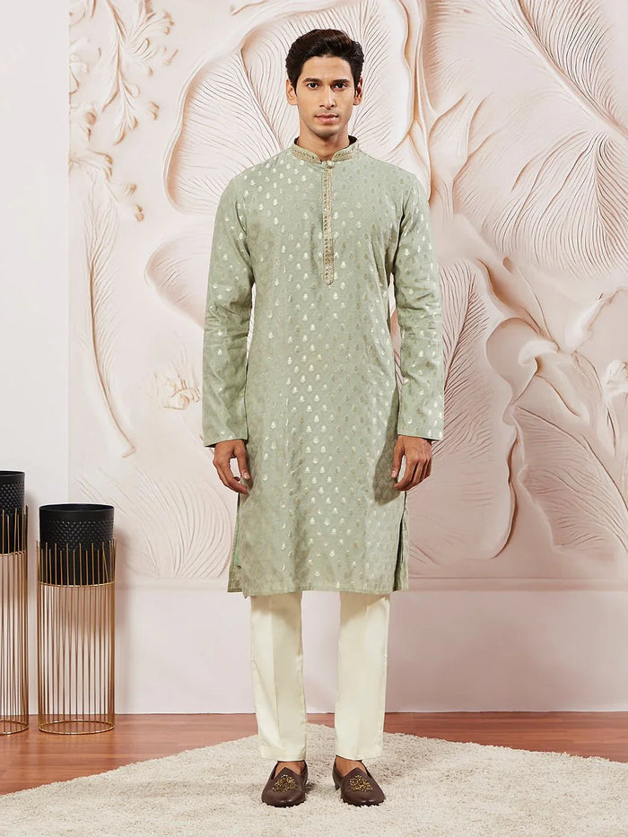 Men's Green Jacquard Silk Blend Kurta Pyjama Set