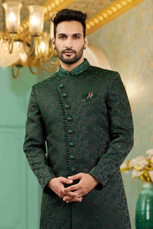 Men's Green Jacquard Silk Embroidery Sherwani Set