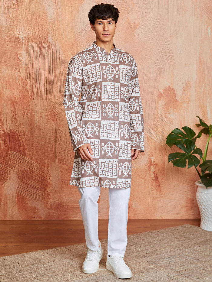 Men's Grey Batik Cotton Kurta & Pyjama Set