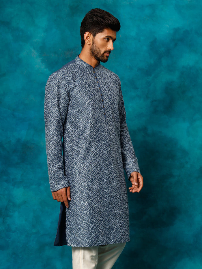 Men's Grey Cotton Schiflli Kurta