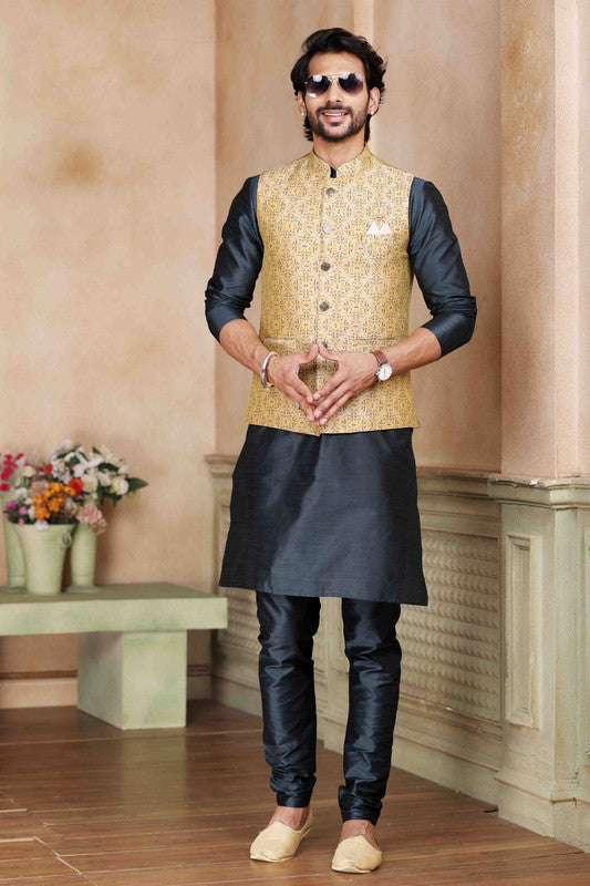 Men's Jacquard Banarasi Silk Woven Work 3 Pics Jacket Set In Beige Colour