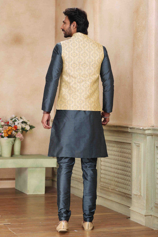 Men's Jacquard Banarasi Silk Woven Work 3 Pics Jacket Set In Beige Colour