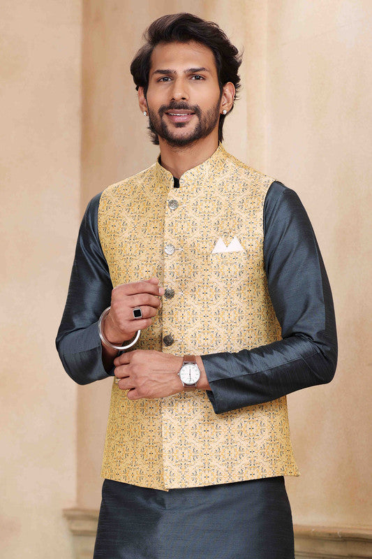 Men's Jacquard Banarasi Silk Woven Work 3 Pics Jacket Set In Beige Colour