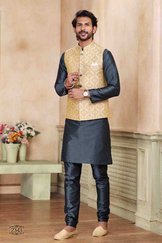 Men's Jacquard Banarasi Silk Woven Work 3 Pics Jacket Set In Beige Colour