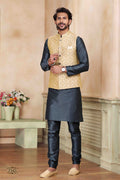 Men's Jacquard Banarasi Silk Woven Work 3 Pics Jacket Set In Beige Colour