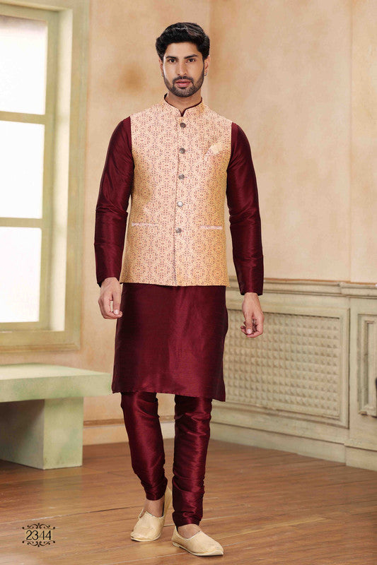 Men's Jacquard Banarasi Silk Woven Work 3 Pics Jacket Set In Beige Maroon Colour