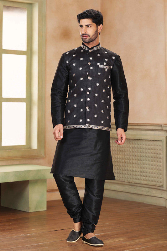 Men's Jacquard Banarasi Silk Woven Work 3 Pics Jacket Set In Black Colour