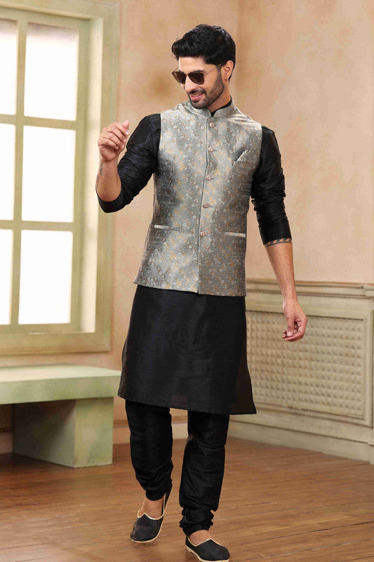 Men's Jacquard Banarasi Silk Woven Work 3 Pics Jacket Set In Grey Colour