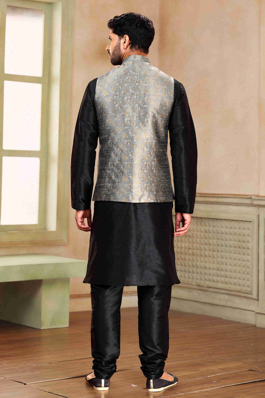 Men's Jacquard Banarasi Silk Woven Work 3 Pics Jacket Set In Grey Colour