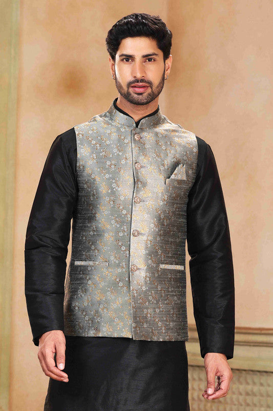 Men's Jacquard Banarasi Silk Woven Work 3 Pics Jacket Set In Grey Colour