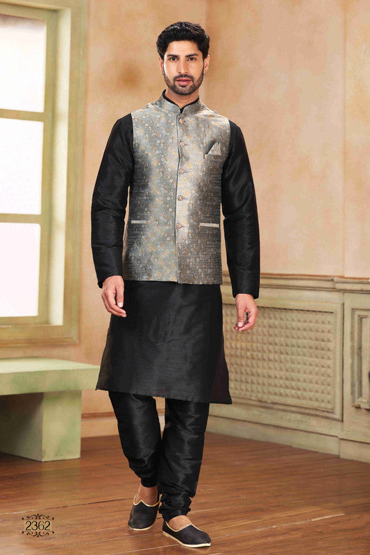 Men's Jacquard Banarasi Silk Woven Work 3 Pics Jacket Set In Grey Colour