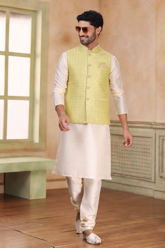 Men's Jacquard Banarasi Silk Woven Work 3 Pics Jacket Set In Lemon Colour