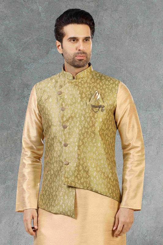 Men's Jacquard Banarasi Silk Woven Work 3 Pics Jacket Set In Light Green Colour
