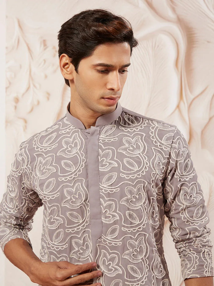 Men's Lavender Embroidered Fox Georgette Kurta Pyjama Set