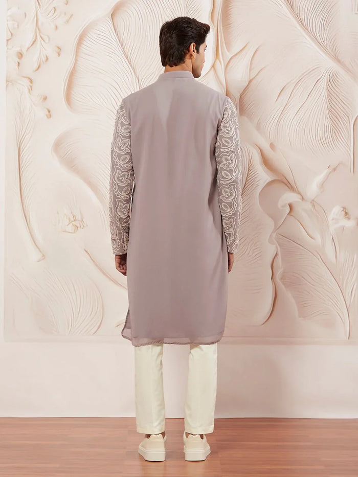 Men's Lavender Embroidered Fox Georgette Kurta Pyjama Set
