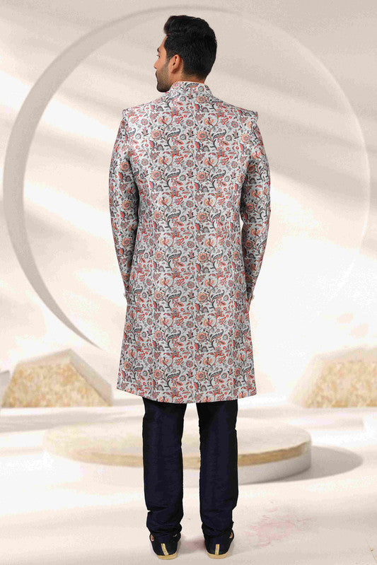 Men's Light Blue Art Banarasi Digital Printed Sherwani Set