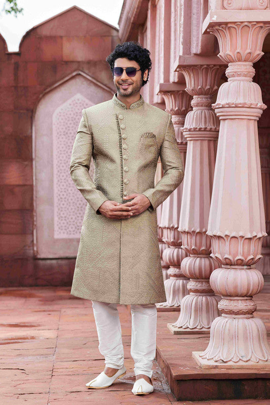 Men's Light Green Art Silk Thread Work Sherwani Set